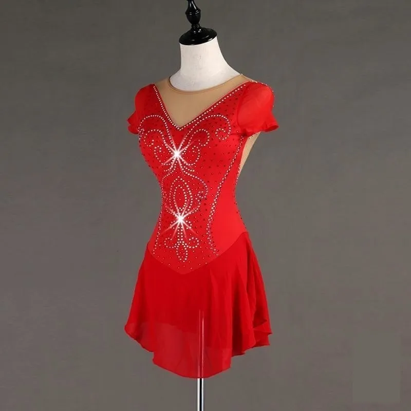 Competition Figure Skating Dress Short Sleeves Red with Crystals BSU010322