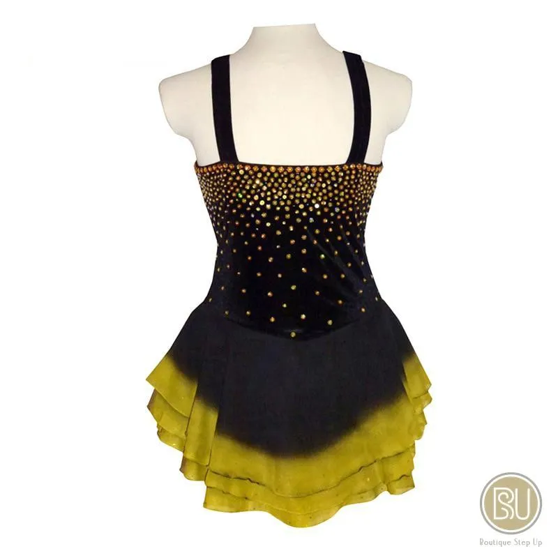 Competition Skating Dress Black & Yellow Shoulder Straps, Sleeveless