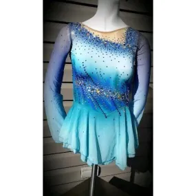 Competition Skating Dress Grey Blue Turquoise Ombre Crystals BSU24420