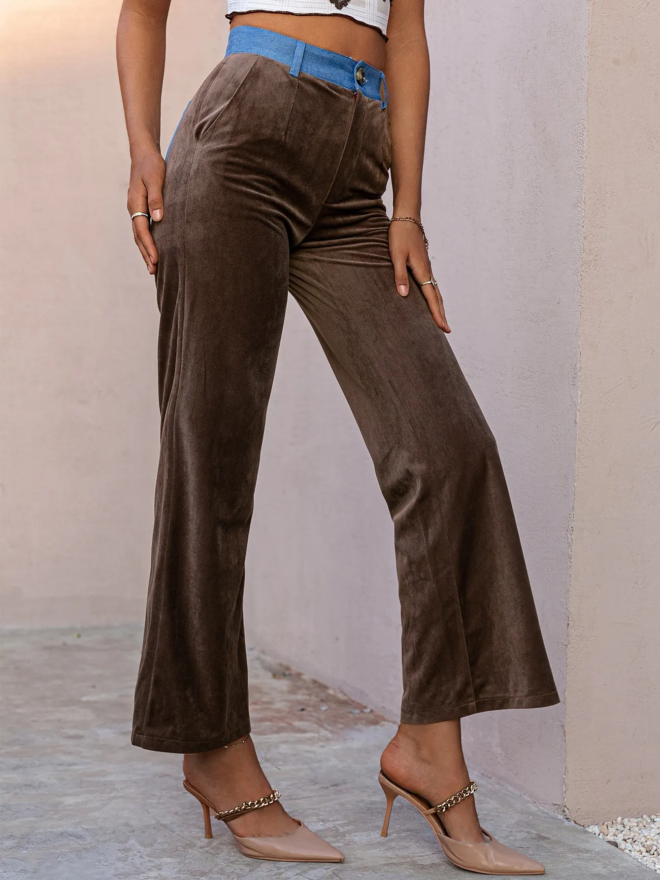 Corduroy Contrast Detail Cropped Wide Leg Pants