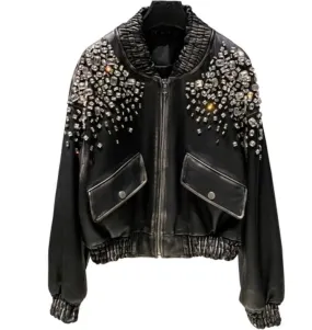 Crystal Stud Distressed Bomber