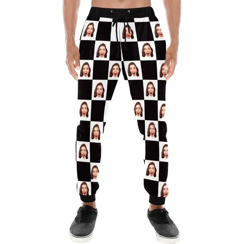 Custom Face Black White Grid Sweatpants Couple Matching Personalized Casual Sweatpants