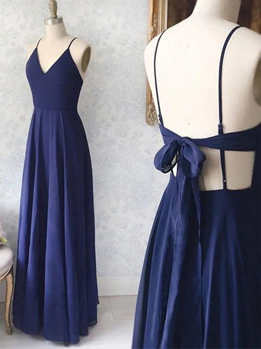 Custom Made A Line V Neck Backless Navy Blue Long Prom, Navy Blue Backless Formal Graduation Evening