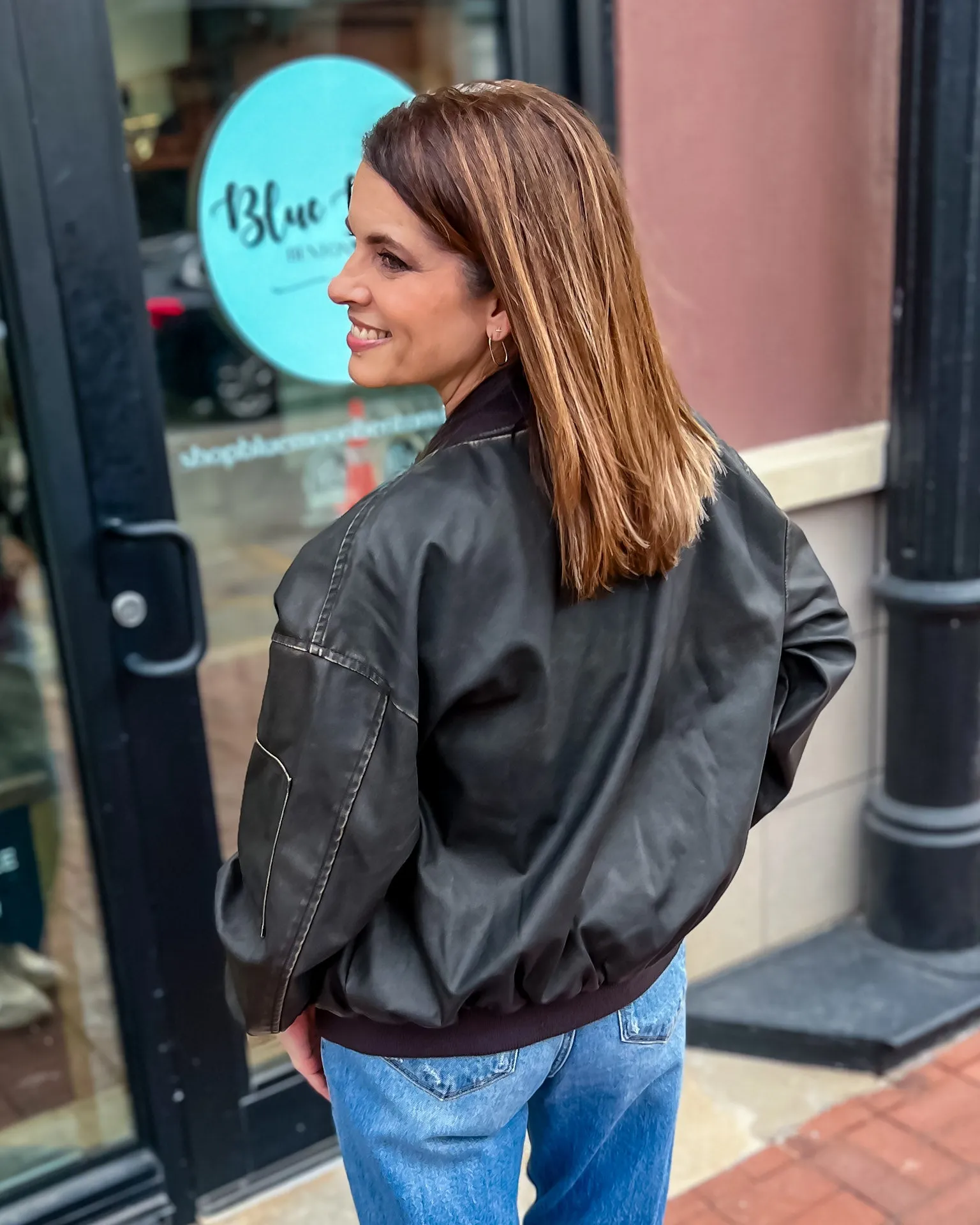 Dark Brown Oversized Faux Leather Bomber Jacket