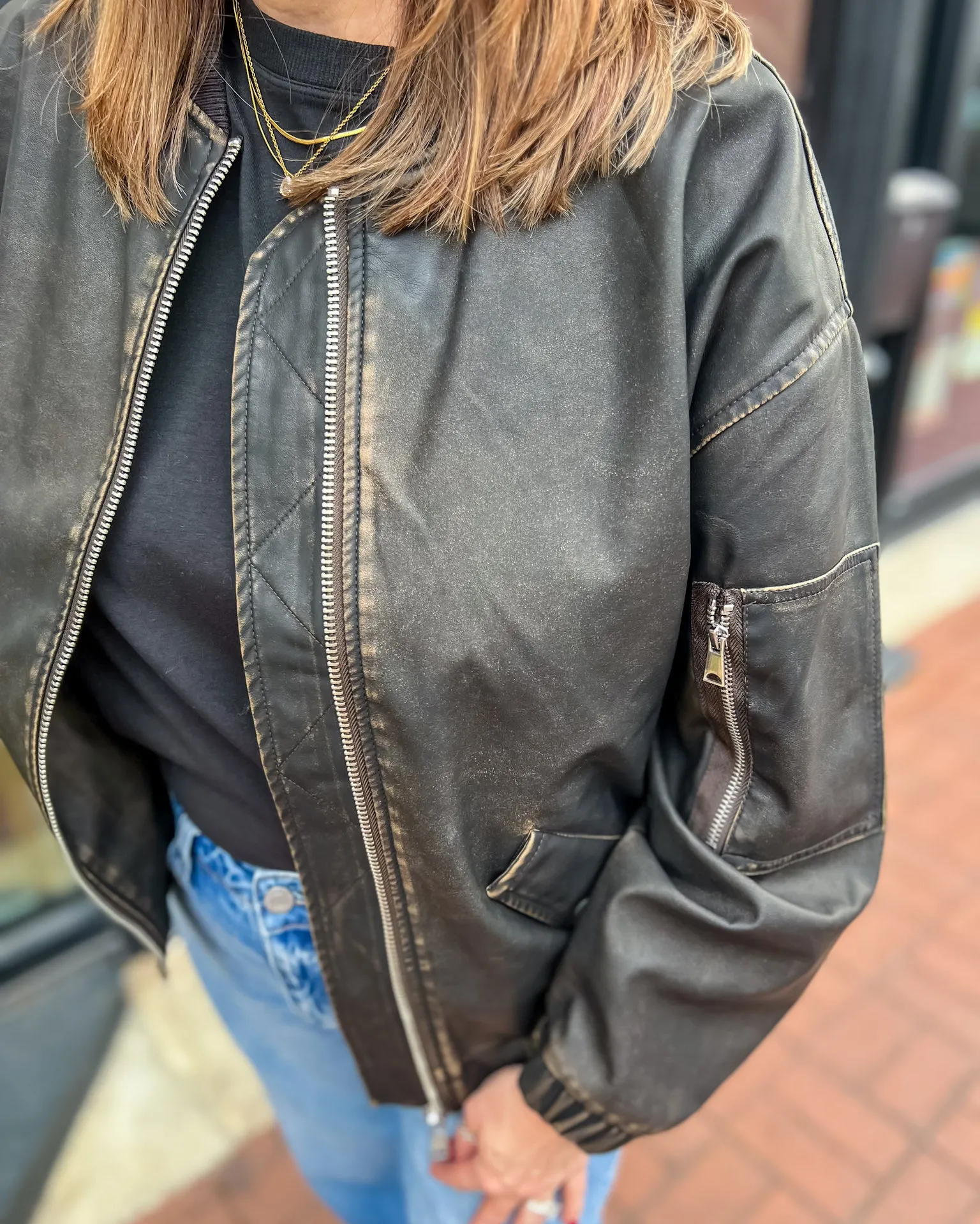 Dark Brown Oversized Faux Leather Bomber Jacket