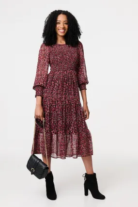 Ditsy Floral Tier Puff Sleeve Midi Dress