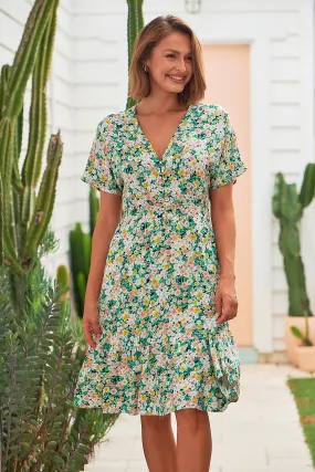 Dohar Cap Sleeve Multi Green Floral Button Front Dress