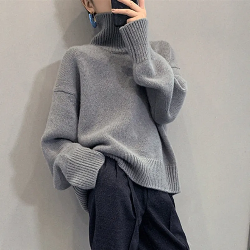 Fashionkova  2022 Autumn And Winter New Thick Cashmere Sweater Women High Neck Pullover Sweater Warm Loose Knitted Base Sweater Jacket Tops