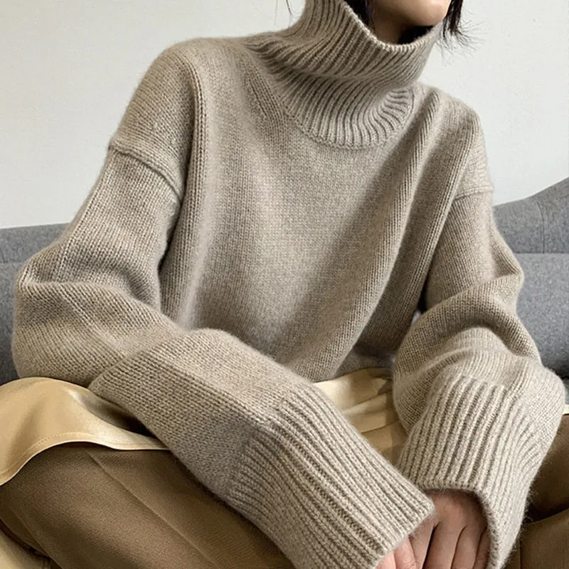 Fashionkova  2022 Autumn And Winter New Thick Cashmere Sweater Women High Neck Pullover Sweater Warm Loose Knitted Base Sweater Jacket Tops