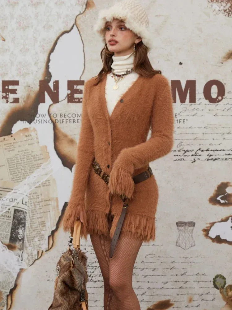 Fashionkova Y2k Vintage Mohair Cardigan Women 2024 Winter Faux Mink Fur Cardigan Long Sleeve V-neck Tassel Patchwork Warm Knitwear