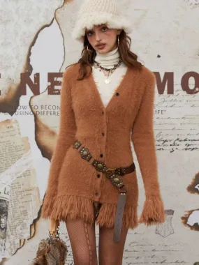 Fashionkova Y2k Vintage Mohair Cardigan Women 2024 Winter Faux Mink Fur Cardigan Long Sleeve V-neck Tassel Patchwork Warm Knitwear