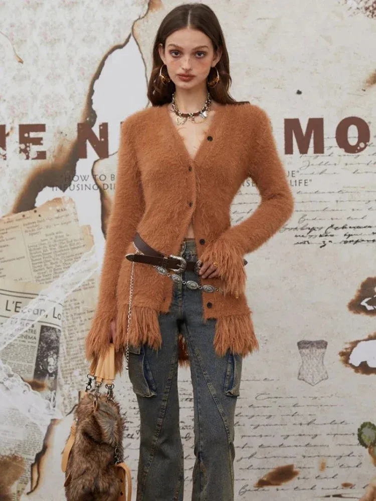 Fashionkova Y2k Vintage Mohair Cardigan Women 2024 Winter Faux Mink Fur Cardigan Long Sleeve V-neck Tassel Patchwork Warm Knitwear