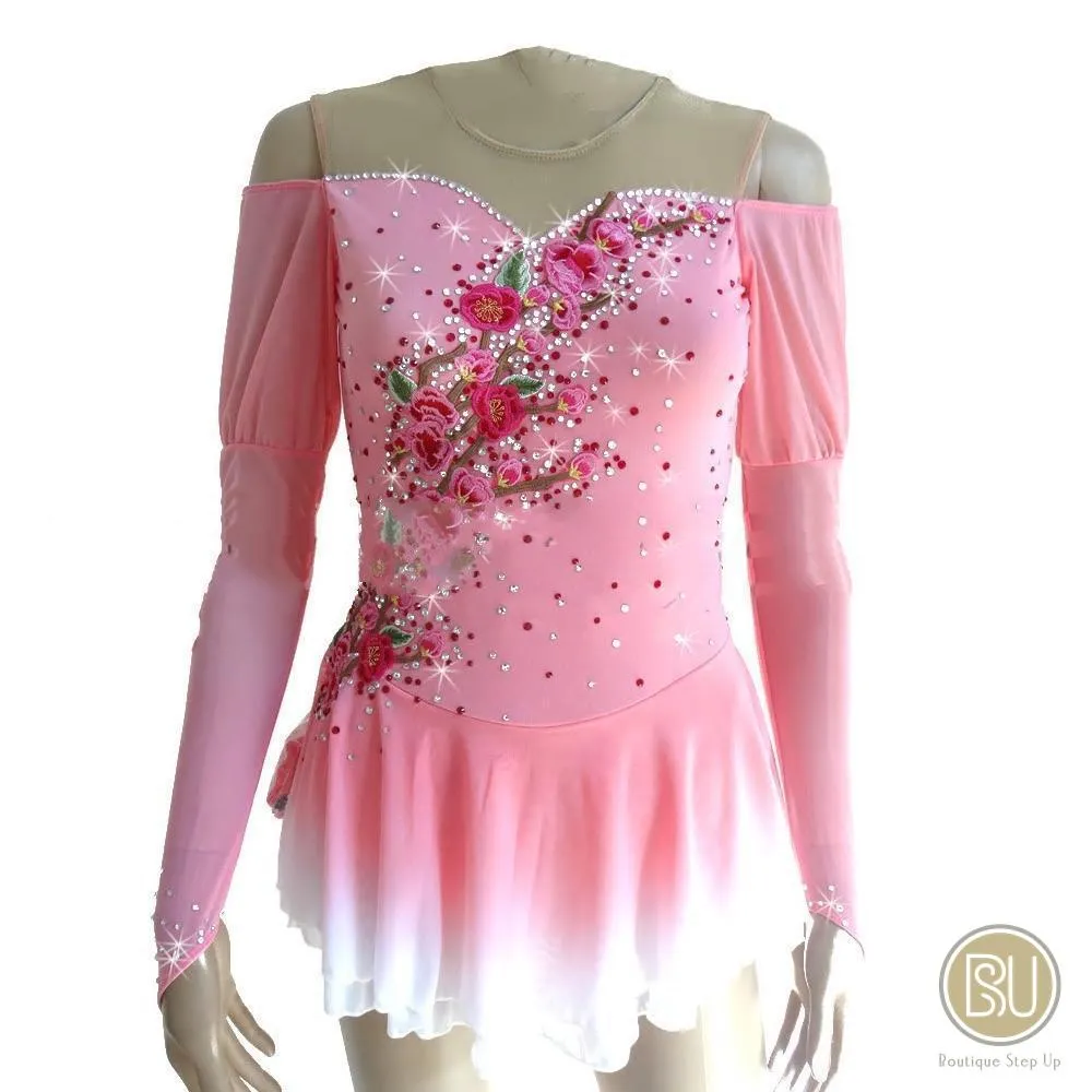 Figure Skating Dress Off Shoulder Pink White Floral Appliques