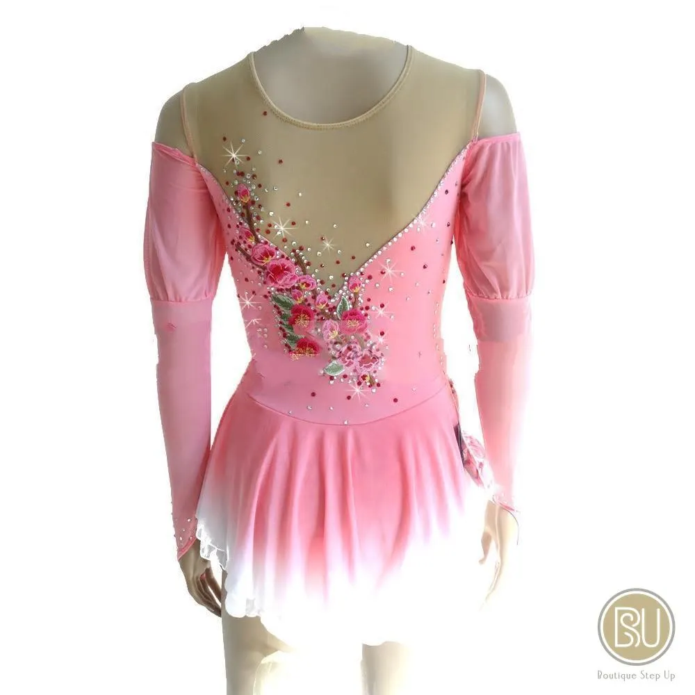 Figure Skating Dress Off Shoulder Pink White Floral Appliques