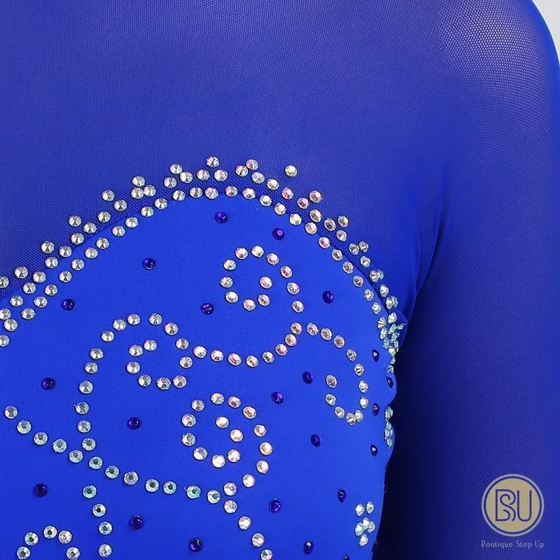 Figure Skating Dress Royal Blue Rhinestone Long Sleeve