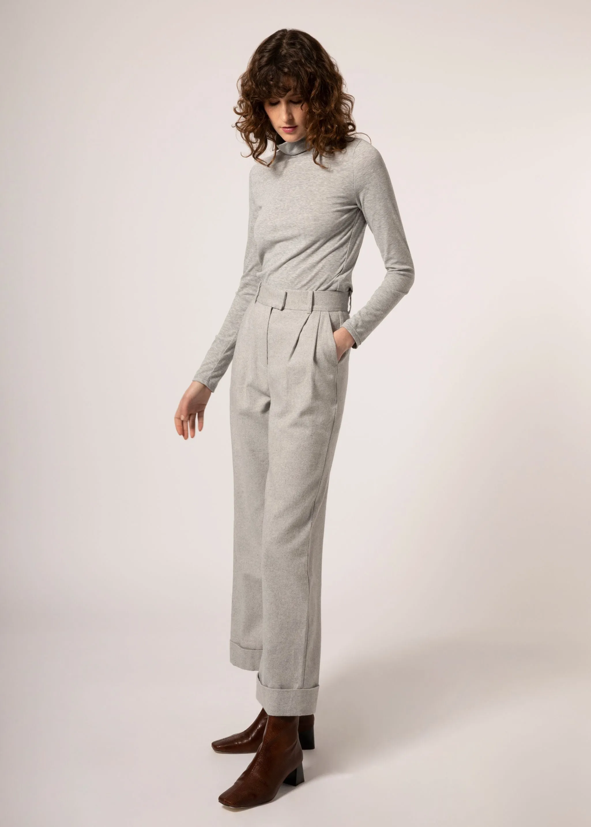 FRNCH Grey Wide Leg Cropped Cuff Trousers