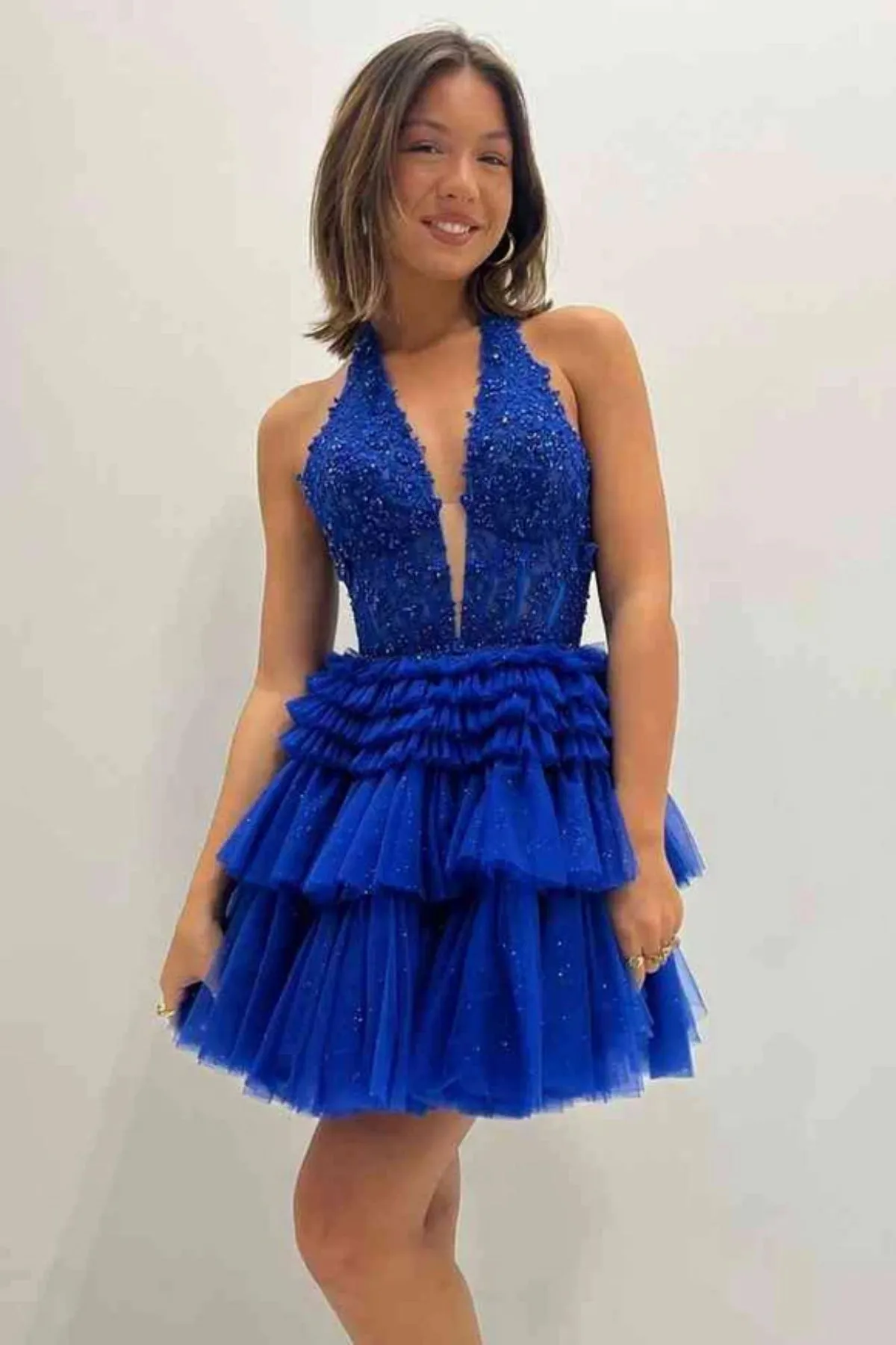 Halter V Neck Backless Blue Lace Prom Dress, Blue Lace Homecoming Dress, Short Blue Formal Graduation Evening Dress A2190