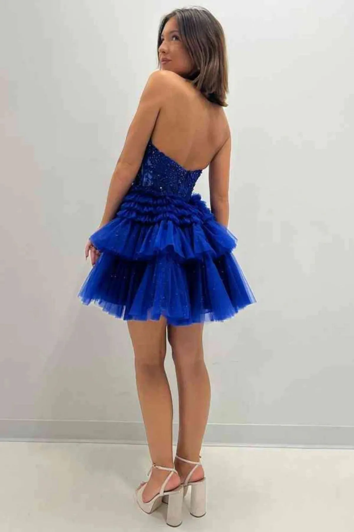 Halter V Neck Backless Blue Lace Prom Dress, Blue Lace Homecoming Dress, Short Blue Formal Graduation Evening Dress A2190