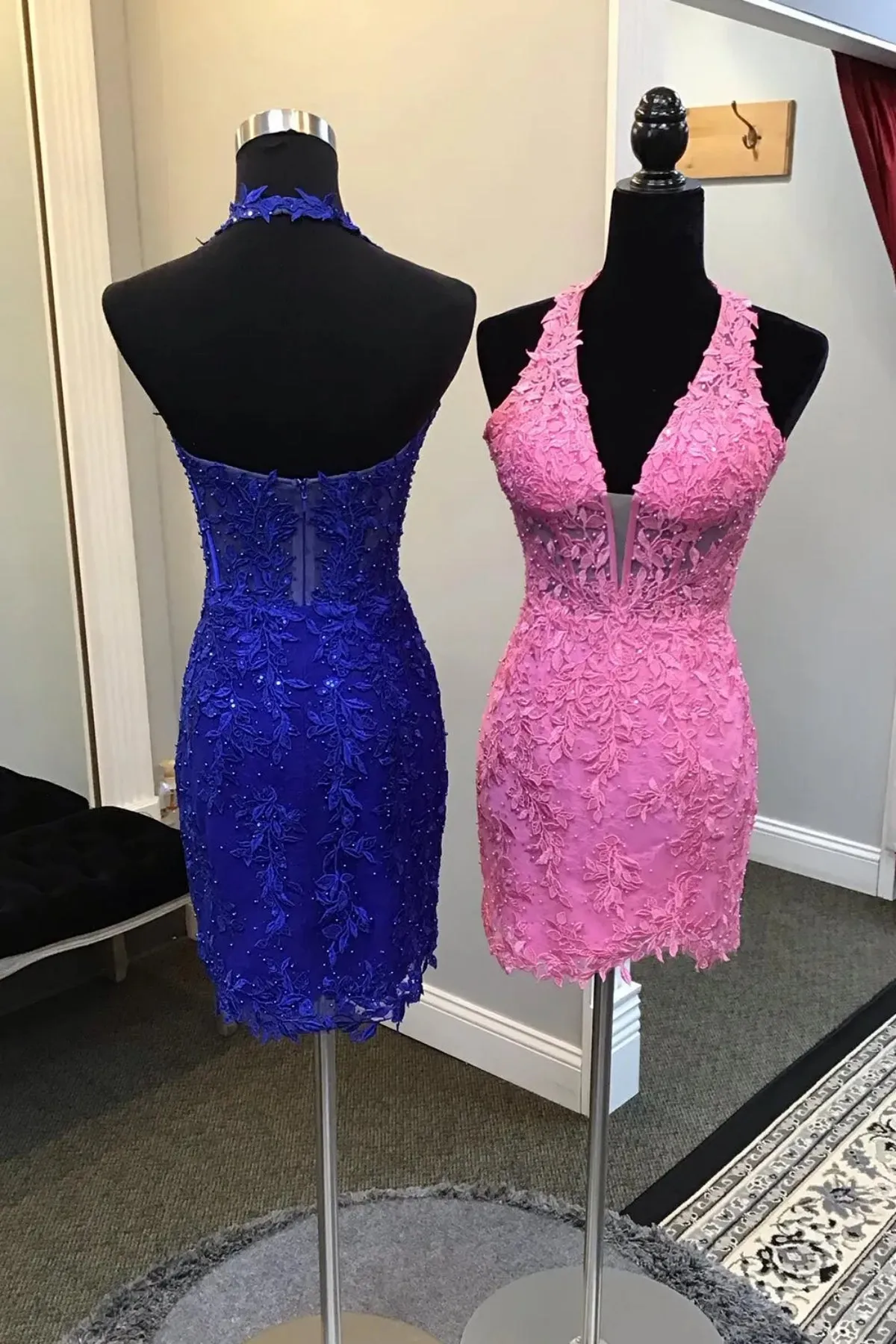 Halter V Neck Open Back Mermaid Blue/Pink Lace Prom Dress, Mermaid Blue/Pink Homecoming Dress, Blue/Pink Lace Formal Graduation Evening Dress A2198