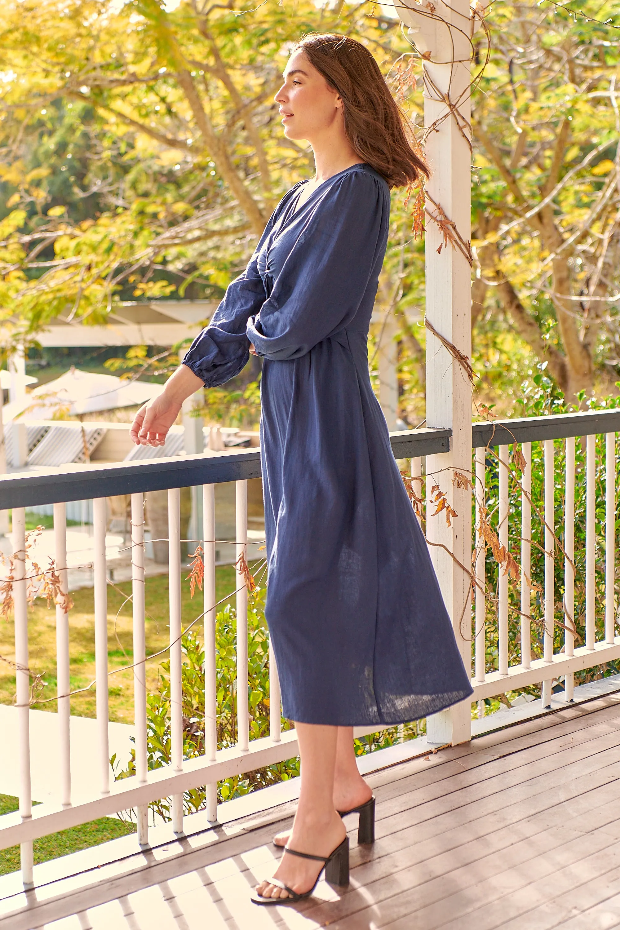 Holly Navy Long Sleeve Knot Front Linen Dress