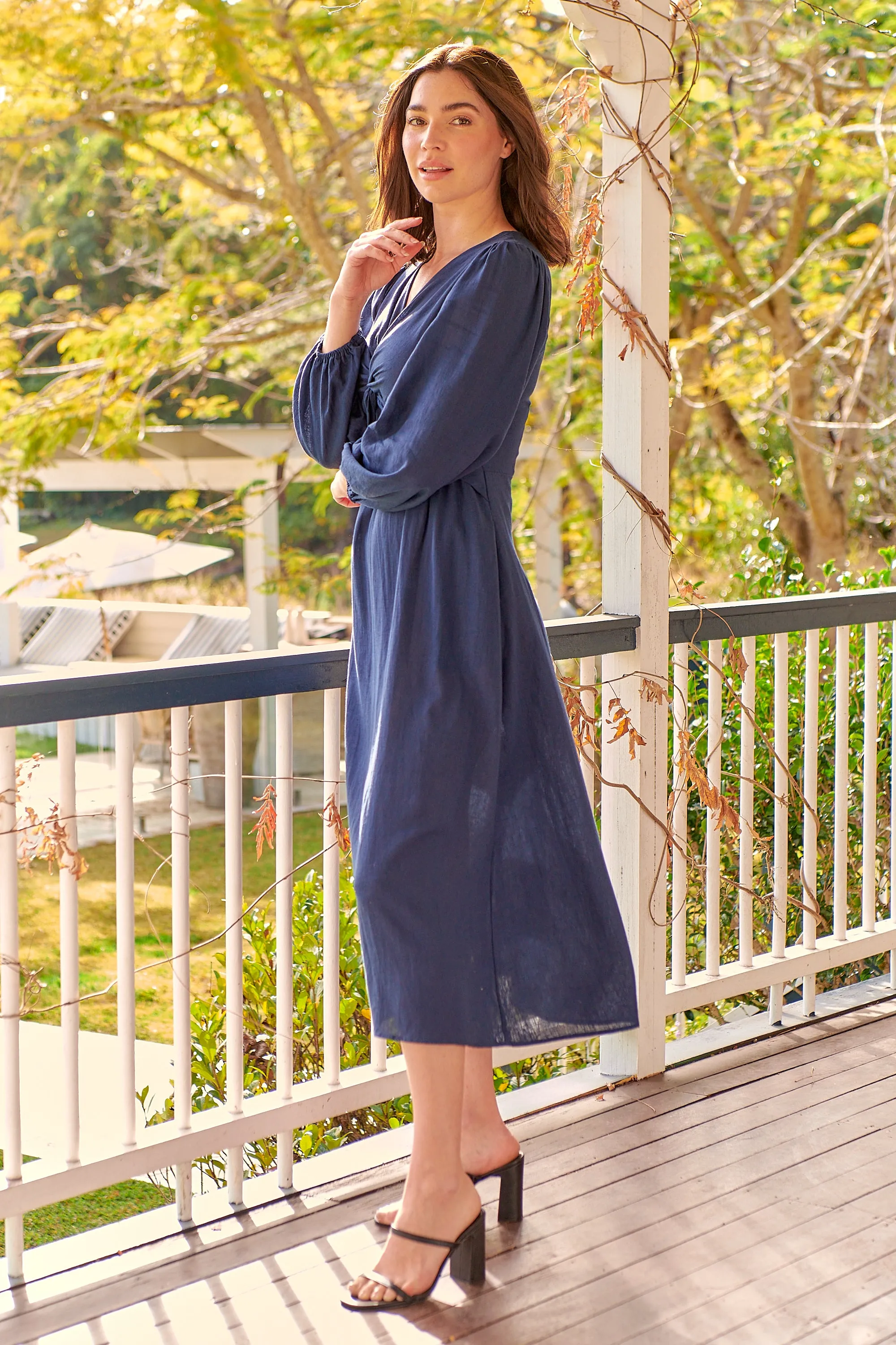 Holly Navy Long Sleeve Knot Front Linen Dress