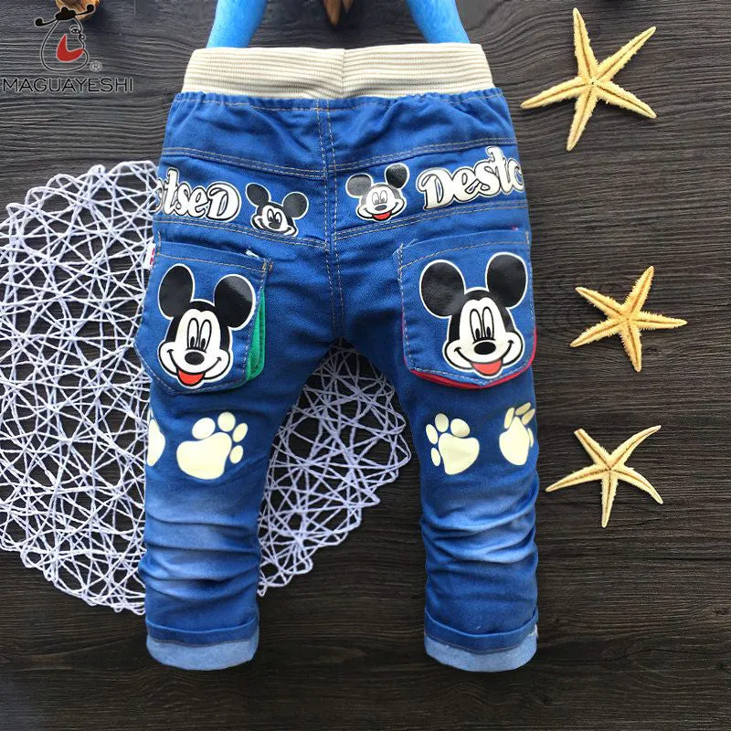 Hot autumn Fashion Kids Jeans Cute baby Cartoon pants Toddler boys Girls Elastic Straight trousers For Children 2-4 Years