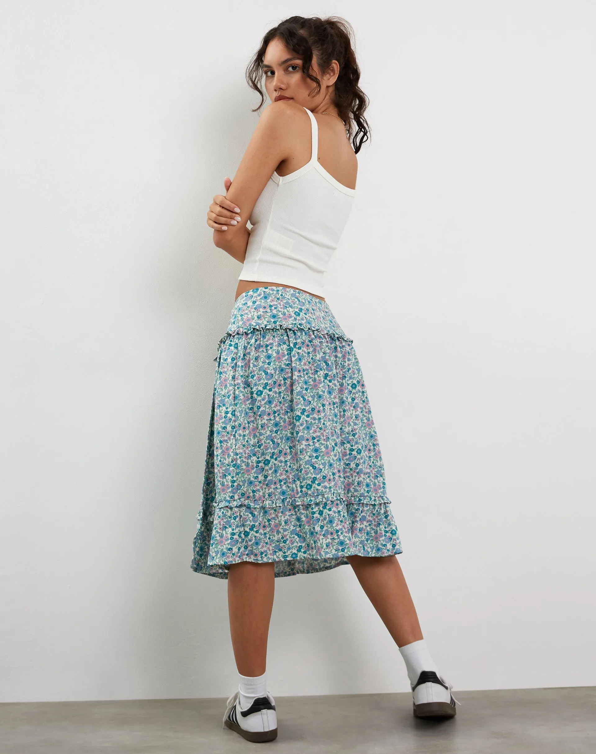 Kasya Frill Hem Midi Wrap Skirt in Flower Power Blue