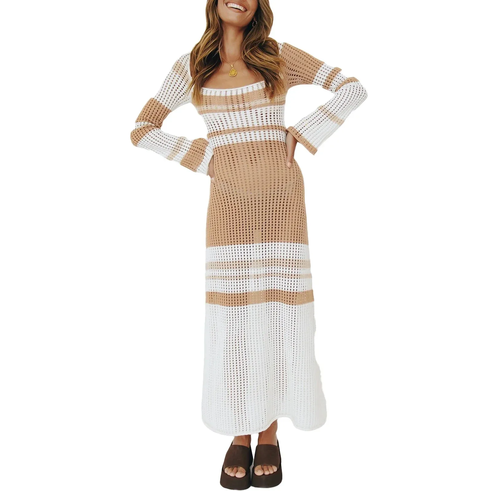 Knit Crochet Long Striped Sleeve Hollowed Color Block Bodycon Street Party Midi Casual Women Dress