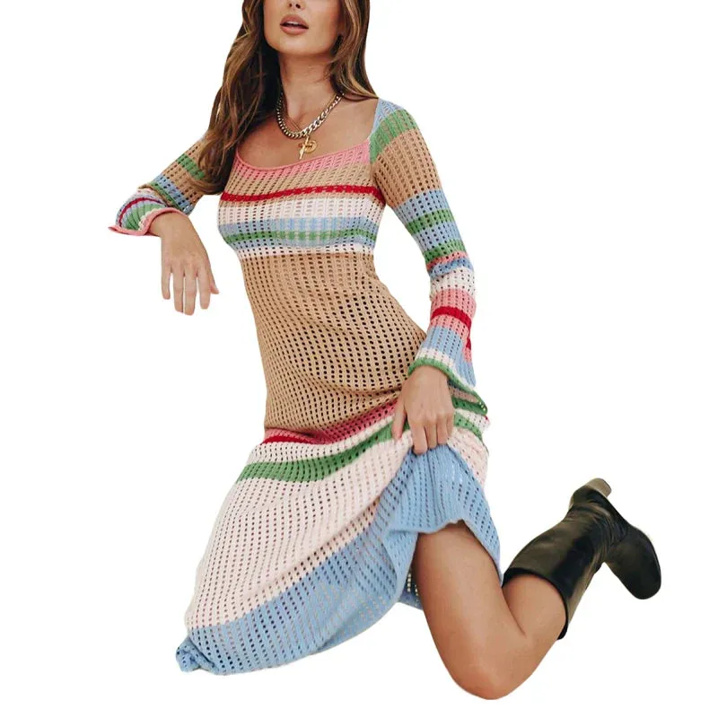 Knit Crochet Long Striped Sleeve Hollowed Color Block Bodycon Street Party Midi Casual Women Dress