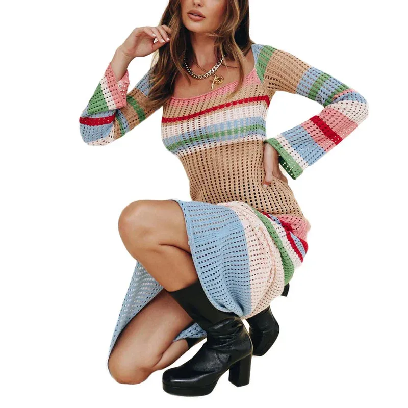 Knit Crochet Long Striped Sleeve Hollowed Color Block Bodycon Street Party Midi Casual Women Dress