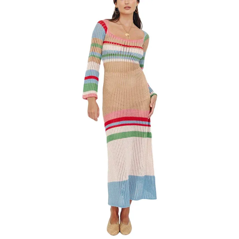 Knit Crochet Long Striped Sleeve Hollowed Color Block Bodycon Street Party Midi Casual Women Dress