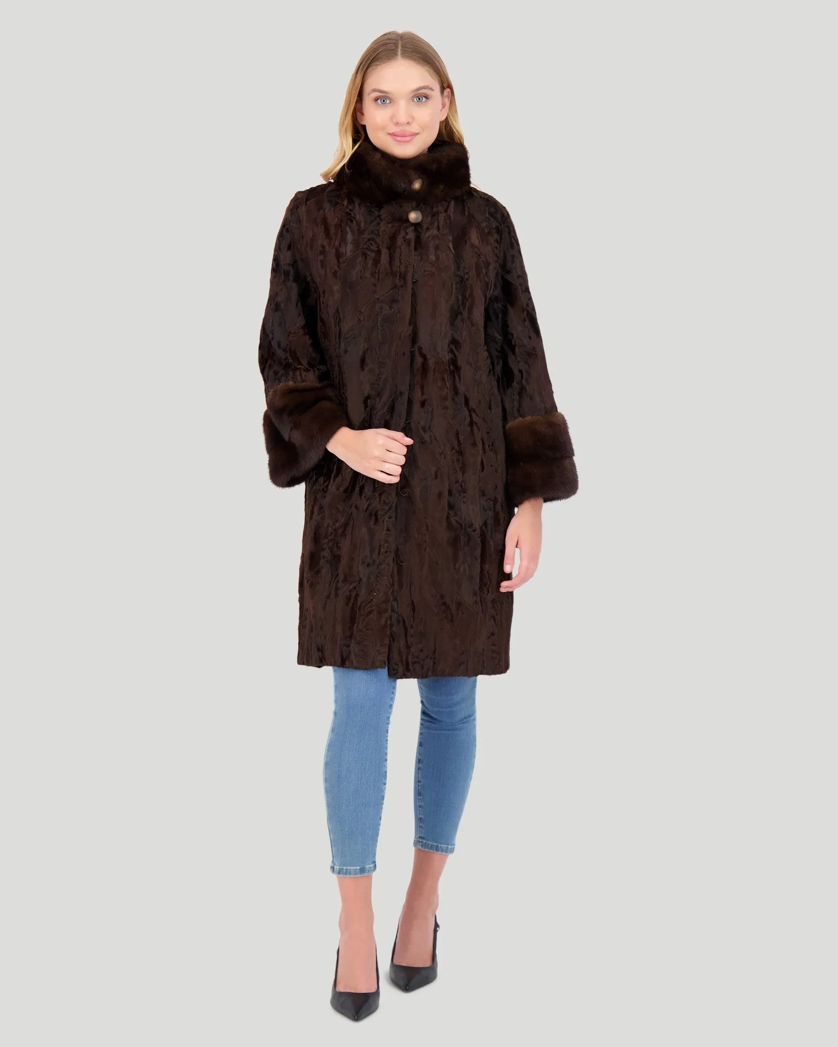 Lamb Sections Short Coat with Mink Stand Collar