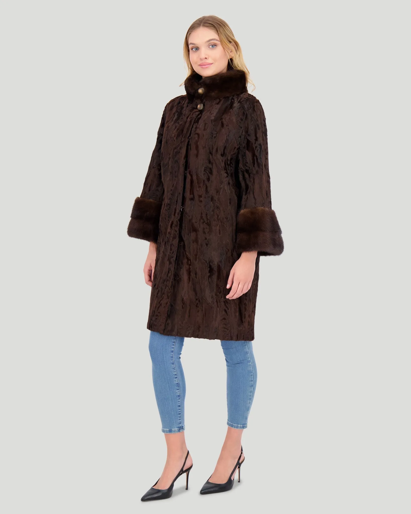 Lamb Sections Short Coat with Mink Stand Collar