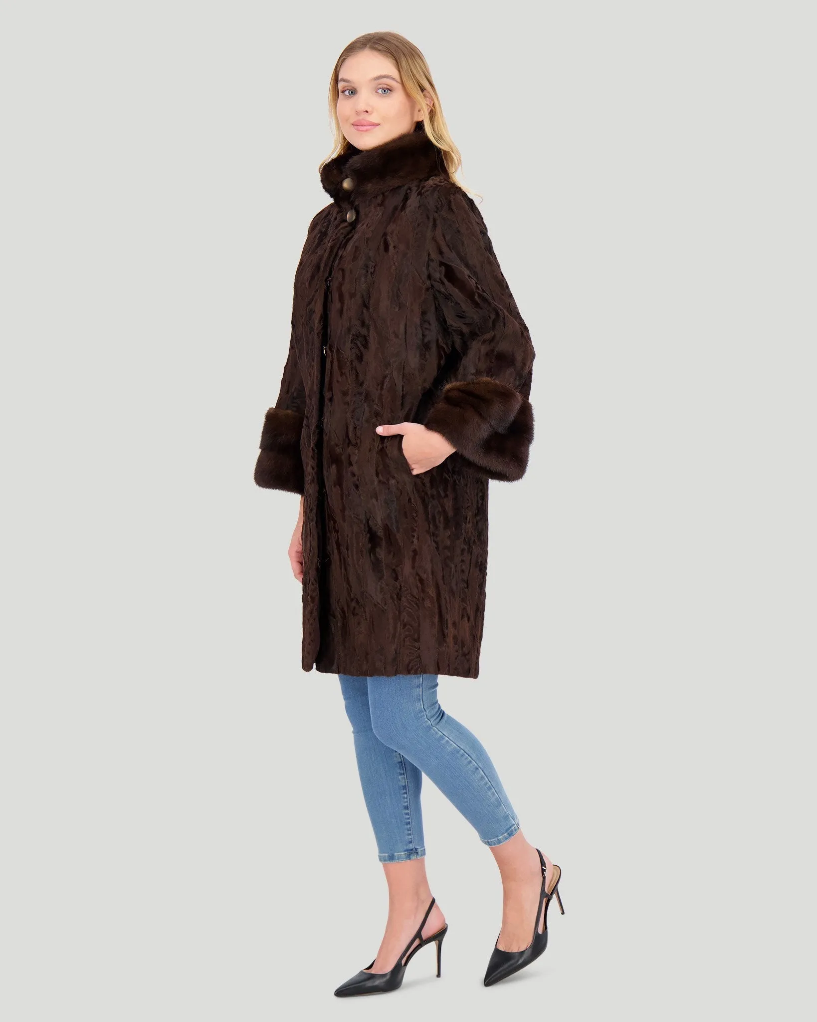 Lamb Sections Short Coat with Mink Stand Collar