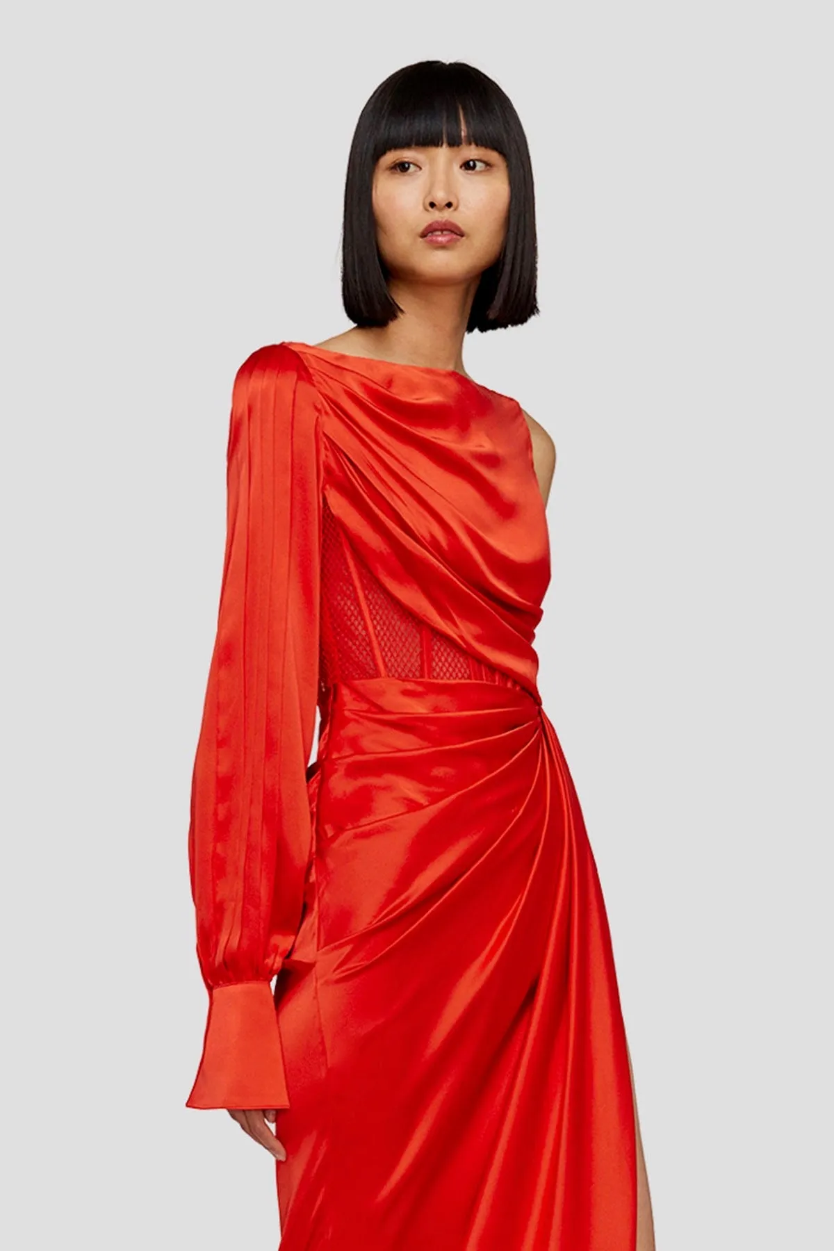 Leo Lin Nina One Shoulder Draped Dress - Scarlet