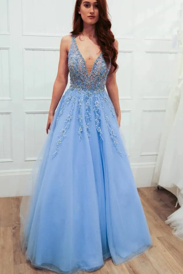 Light Blue Prom Dress V Neckline, Evening Dress ,Winter Formal Dress, Pageant Dance Dresses, Graduation School Party Gown, PC0241