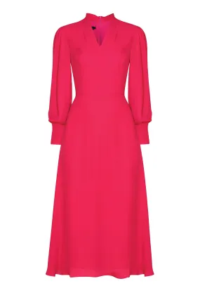 Long-Sleeved Midi Dress with Flared Skirt in Plain Lipstick Pink Silk - Sofia