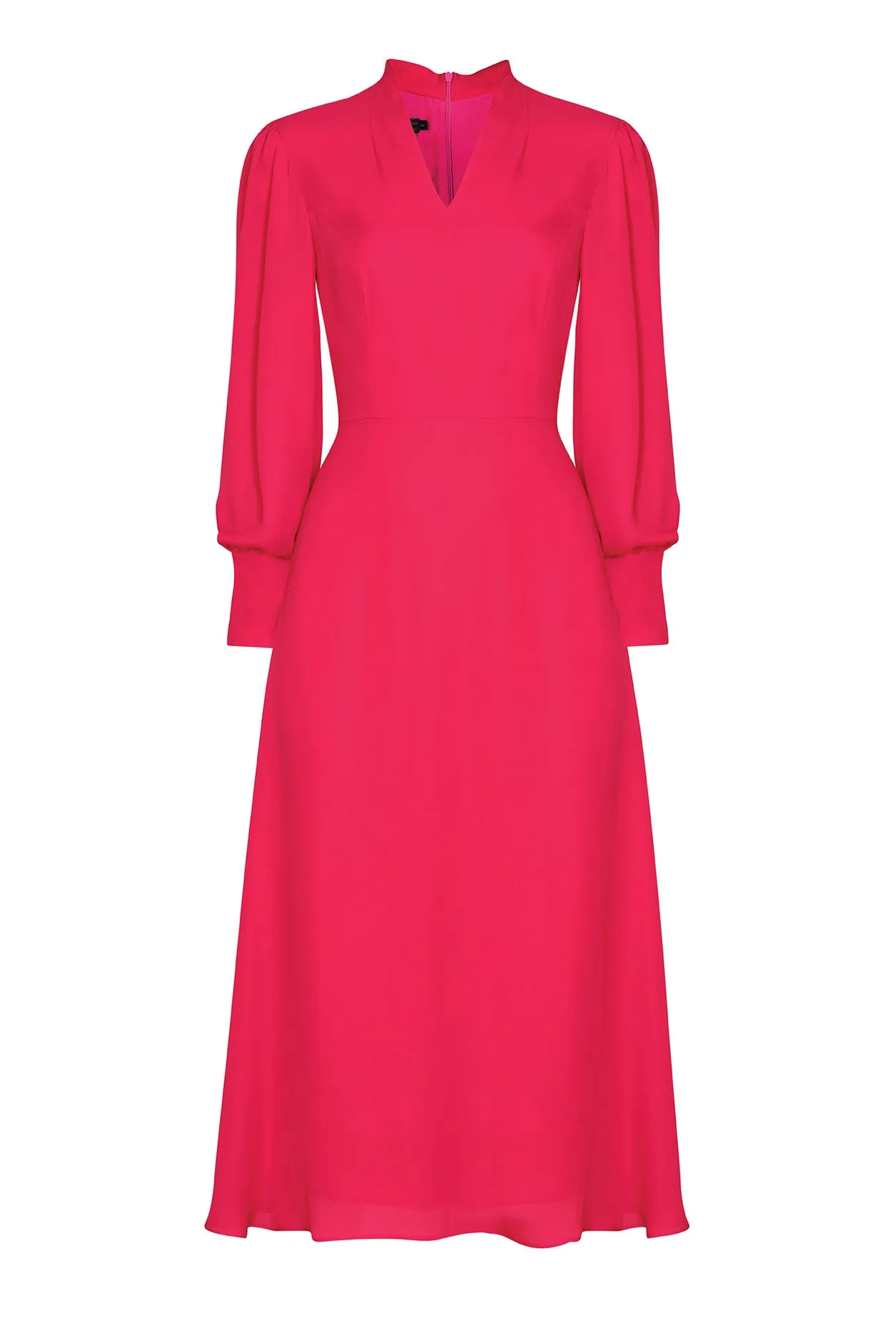 Long-Sleeved Midi Dress with Flared Skirt in Plain Lipstick Pink Silk - Sofia