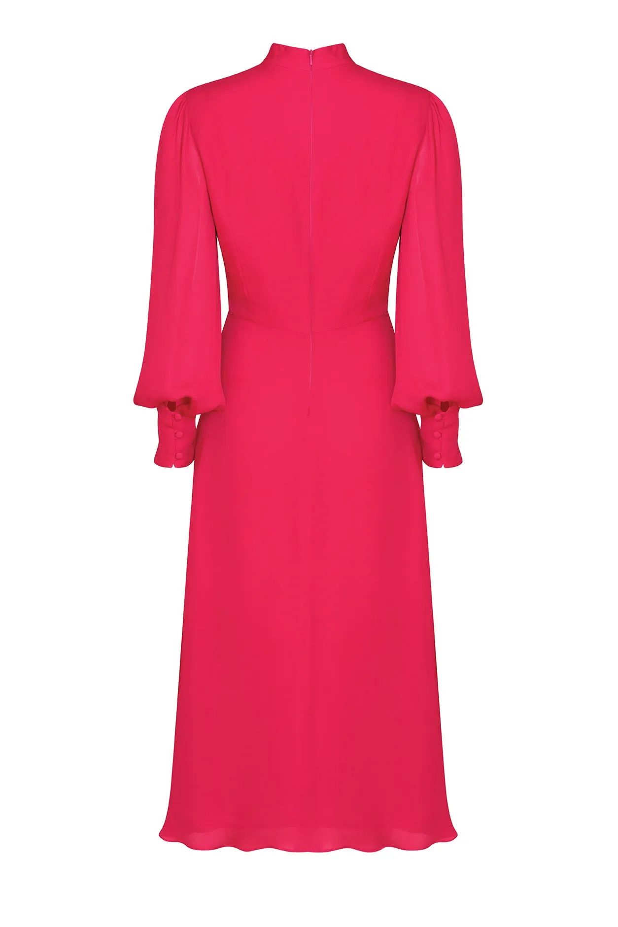 Long-Sleeved Midi Dress with Flared Skirt in Plain Lipstick Pink Silk - Sofia