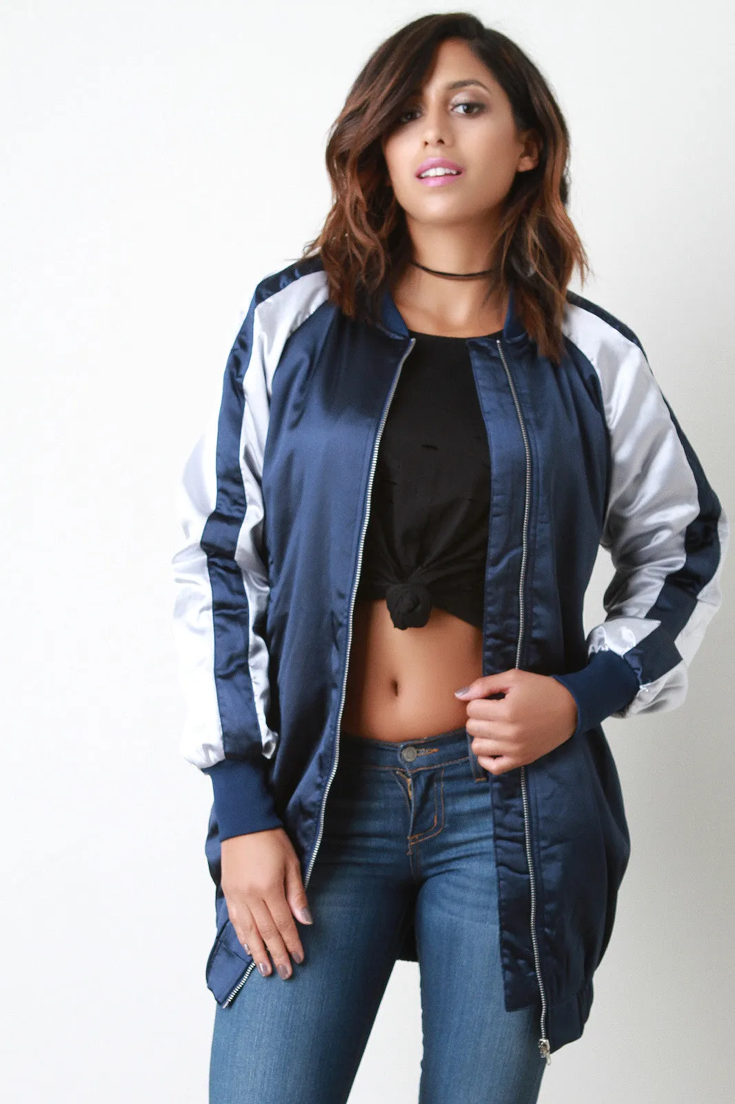 Long Two Tone Glossy Bomber Jacket