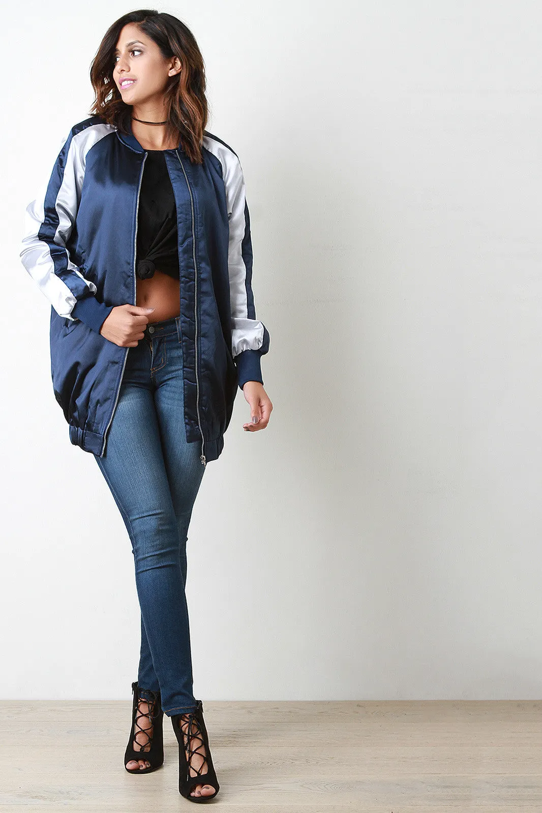 Long Two Tone Glossy Bomber Jacket