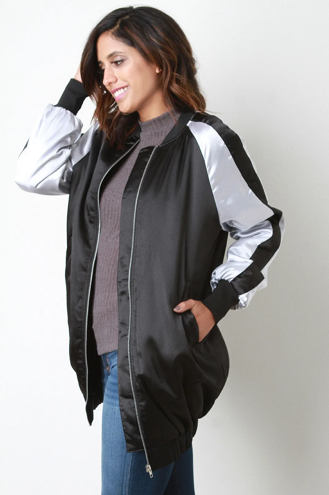 Long Two Tone Glossy Bomber Jacket