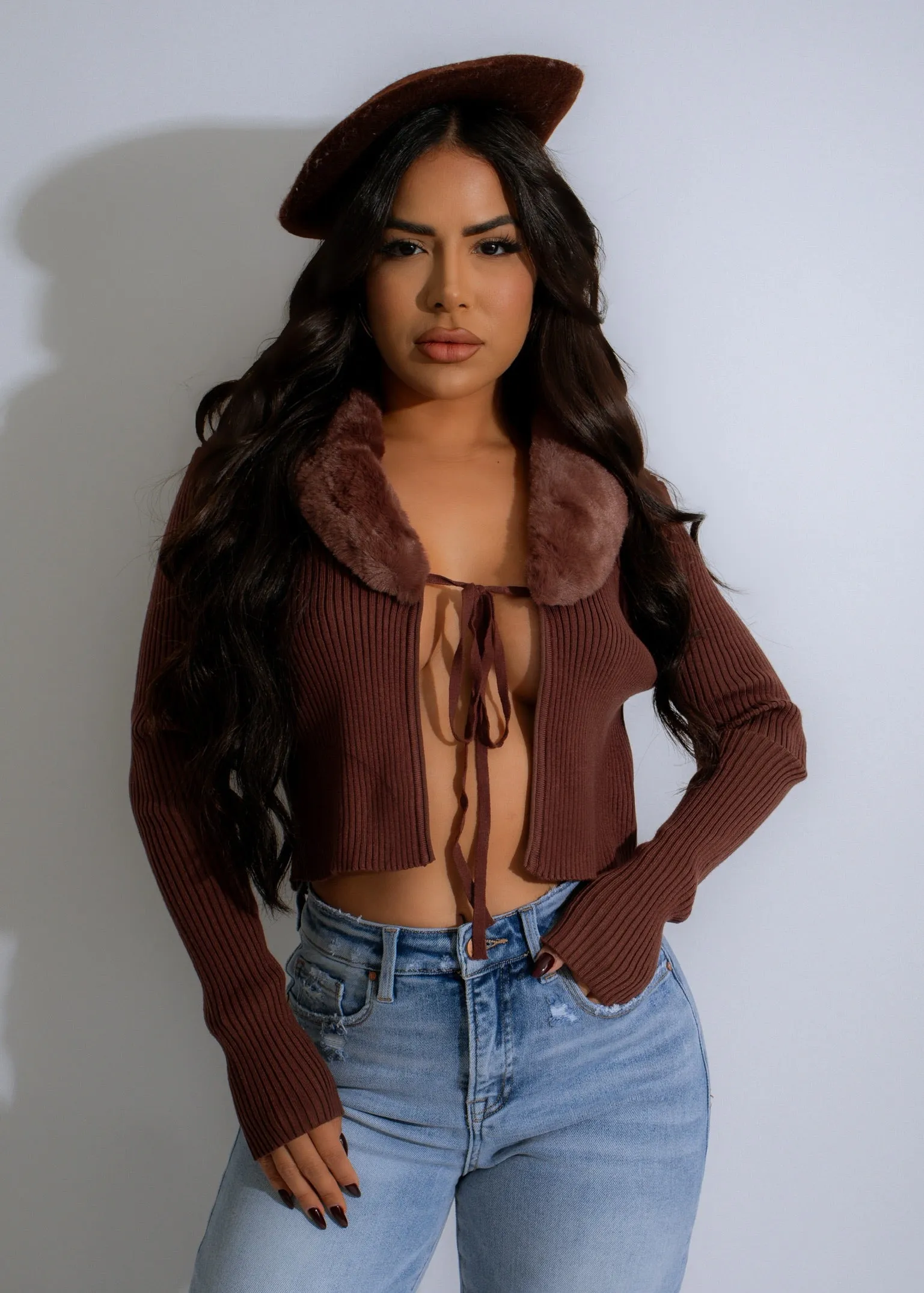 Luxe Cozy Collar Ribbed Sweater Brown