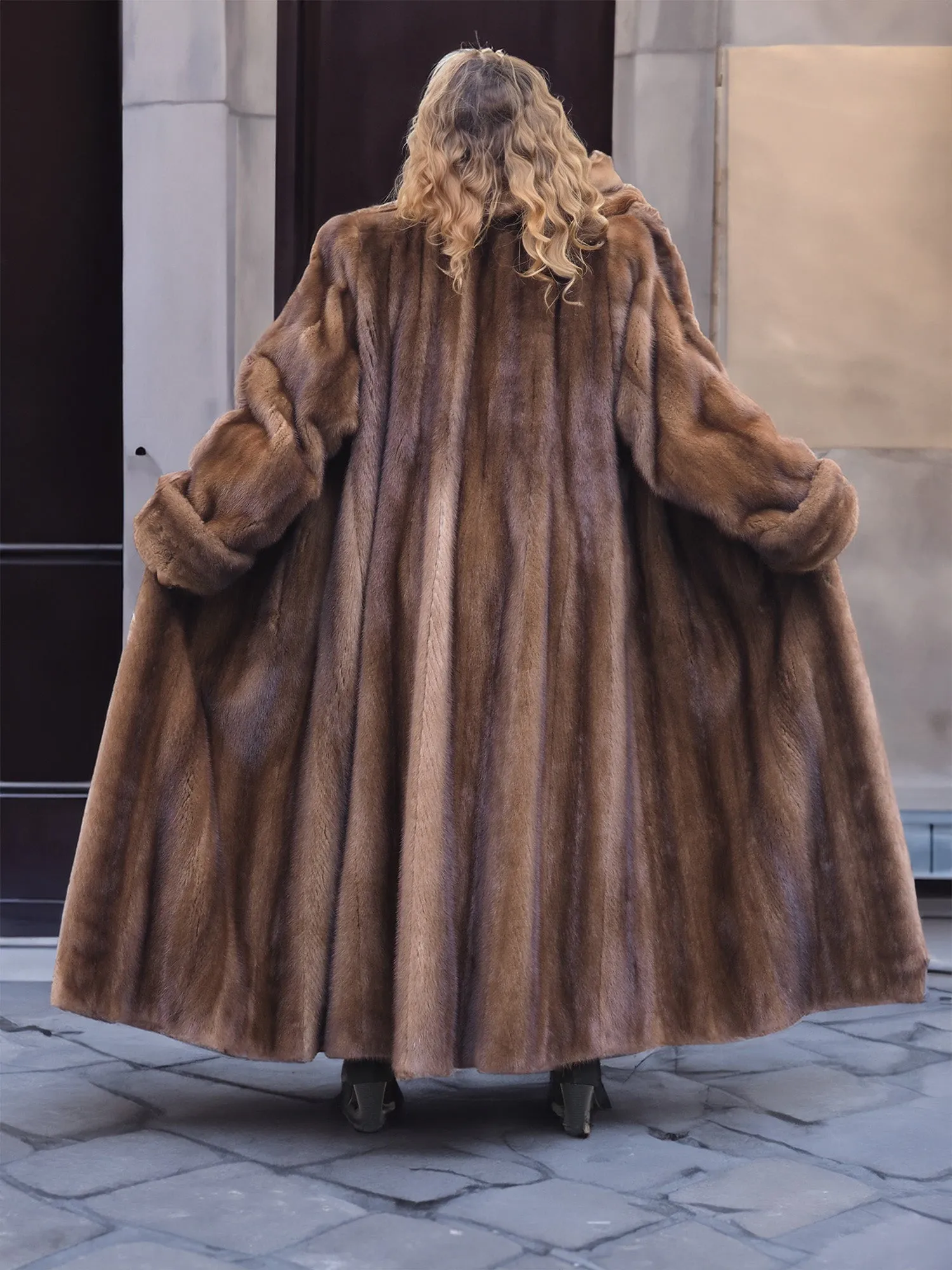 Luxurious Brown Demi Buff Canadian Mink Fur Coat 80" Sweep L