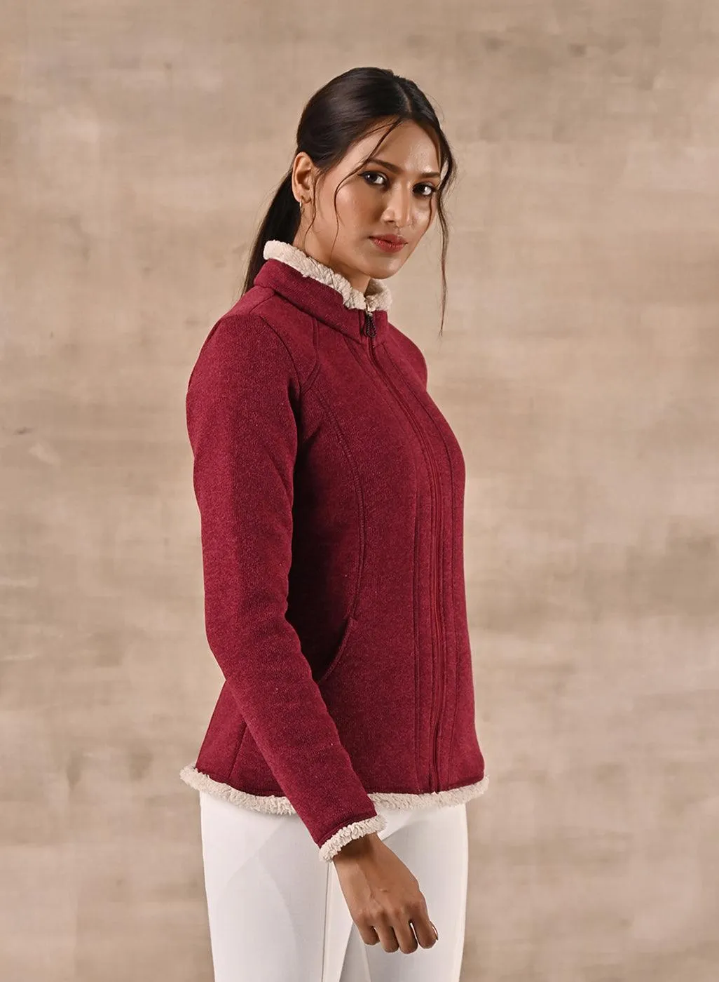 Maroon Zip-front High-neck Fleece Jacket with Pockets