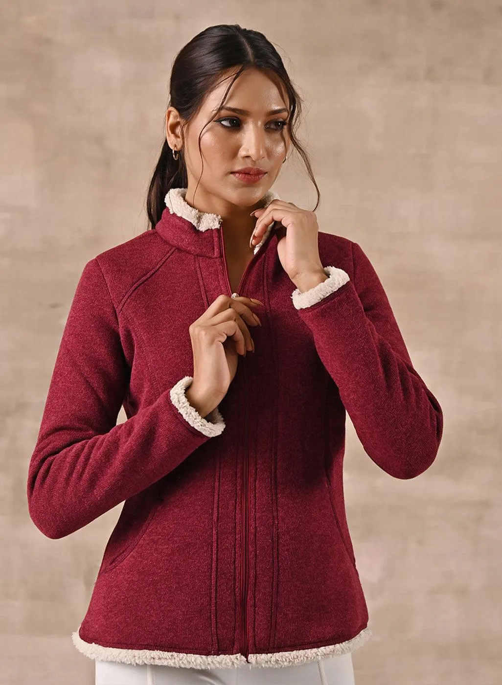 Maroon Zip-front High-neck Fleece Jacket with Pockets