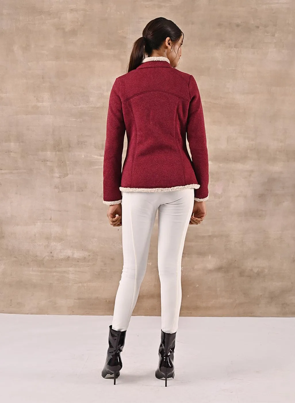 Maroon Zip-front High-neck Fleece Jacket with Pockets