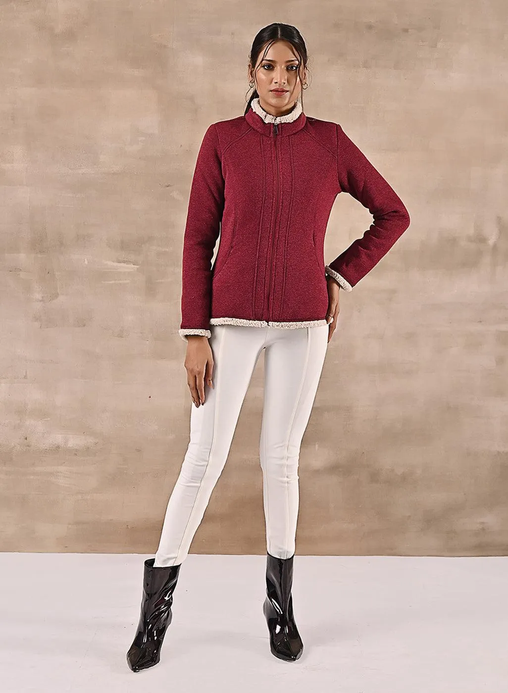 Maroon Zip-front High-neck Fleece Jacket with Pockets