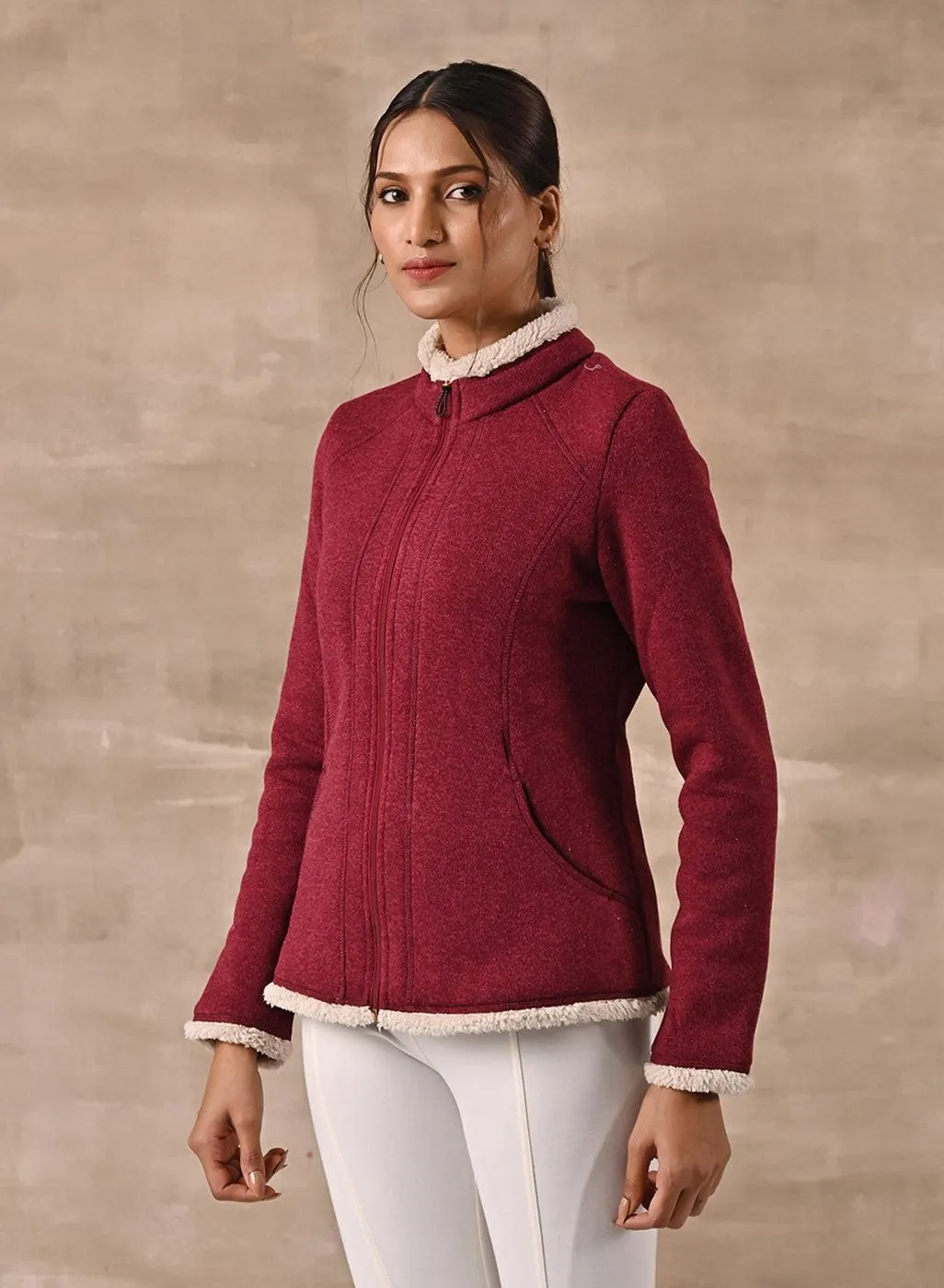 Maroon Zip-front High-neck Fleece Jacket with Pockets