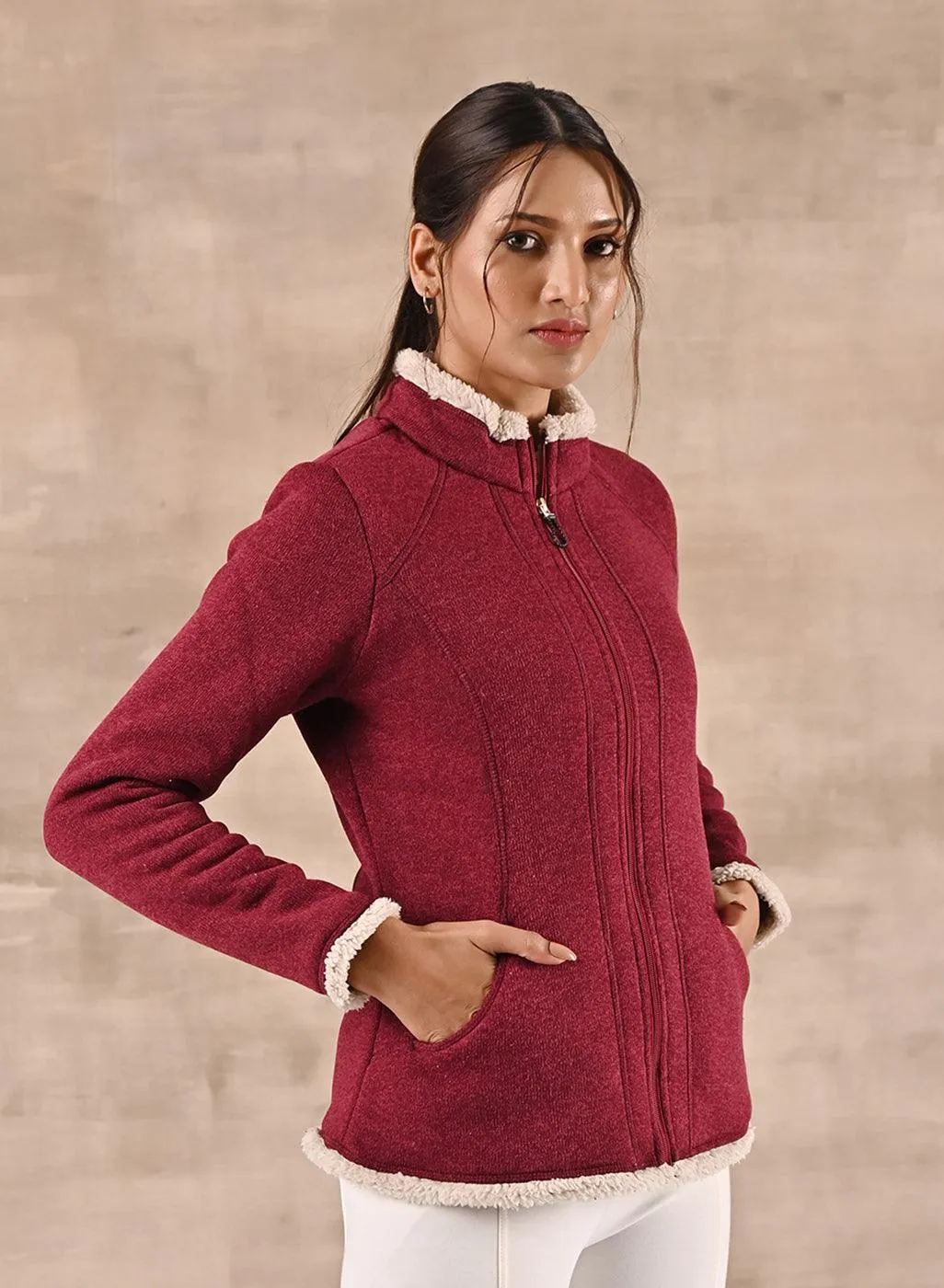 Maroon Zip-front High-neck Fleece Jacket with Pockets